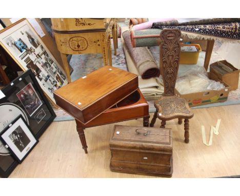 Oak cased sewing machine together with an oak spinning chair and a Victorian mahogany commode stand and cover (3)