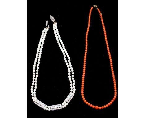 An antique opal and diamond bead necklace Art Deco style, comprising a double row of round beads all of regular size, each ap