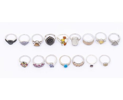 A collection of sixteen Gems TV gem set silver rings to include, orange sapphire ring, tanzanite cluster, blue topaz and whit