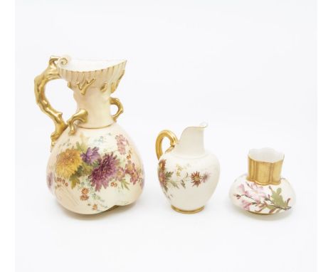 Early 20th Century Royal Worcester blush ivory gilt handled vase, small gilt handled posie jug and posie vase, no chips or cr