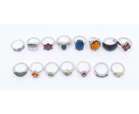 A collection of fifteen Gems TV silver and gem set dress rings, to include a mosaic opal doublet, a black spinel cluster ring