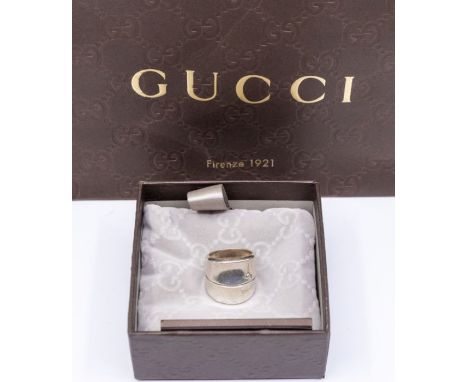 A silver Gucci  bamboo ring, wide ridged form approx 22mm, with engraved 'Gucci' signature, size P1/2, along with original br