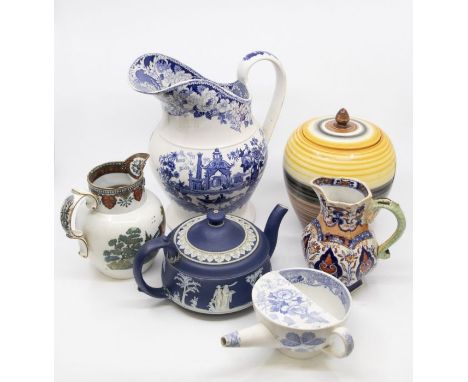 A Wedgwood Art Deco biscuit barrel and cover; a Regency Fenton ironstone jug; Wedgwood Jasperware teapot; feeding cup; wash j