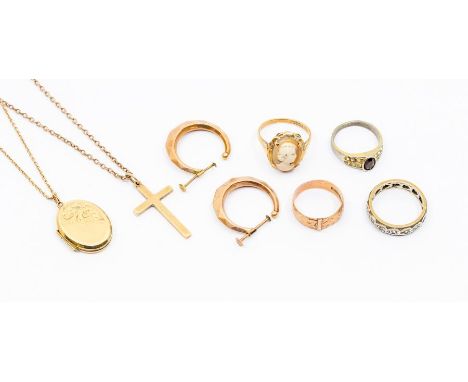 A collection of 9ct gold jewellery to include a 9ct gold cameo ring, size O1/2, together with a 9ct gold cross, chains and a 