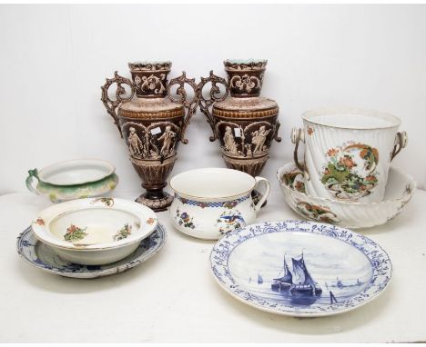 A collection of ceramics to include: a Royal Bonn "Delft" charger painted with boats and windmills; a Delft plate painted wit