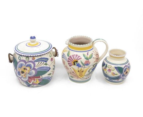 Poole Pottery biscuit barrel, vase and jug