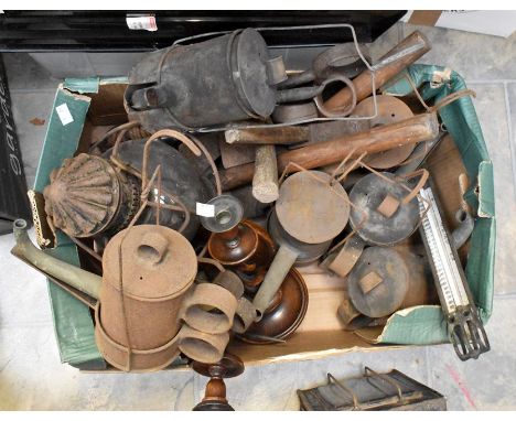 Collection of lamps, wooden handled tools, vintage oil cans, iron ground pegs etc