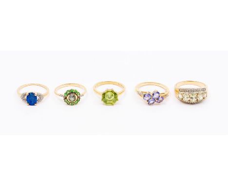 A collection of five Gems TV 9ct gold and gem set rings to include an opal and diamond ring, sizeL1/2, a tanzanite cluster ri