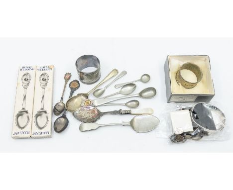 A collection of silver items to include a bangle, cufflinks, pendant, along with napkin ring, hallmarked, together with plate