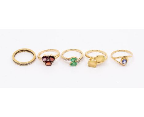 A collection of five Gems TV 9ct gold and gem set rings to include an Ethiopian opal ring set with two oval faceted opals, si