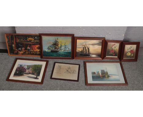 A collection of pictures and prints. One after a Louis Wain sketch, seascape oils signed S. Bullock and B. Cartlidge interior