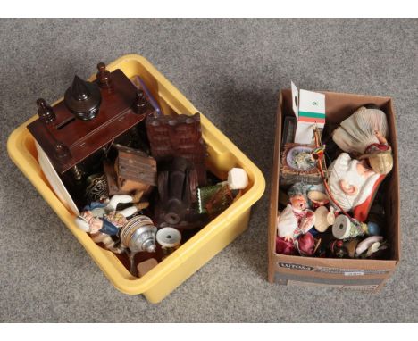 Two boxes of miscellaneous including quartz mantel clock, German pottery steins and costume jewellery beads etc.  