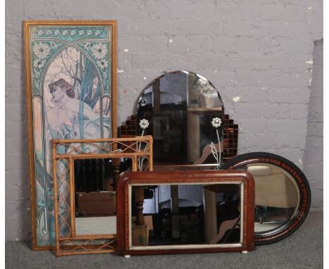 Four mirrors, to include Victorian example, along with a framed print.  