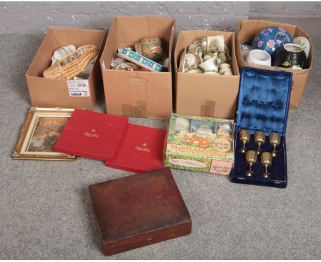 Four boxes of miscellaneous to include box set of silver plate goblets, dinnerwares, oriental wares, vases etc.  