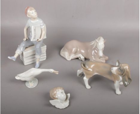 Four Lladro ceramic figures,  Little Duck No. 04551 14cm long, Little Horse Resting 1203 approx 21cm long, Bassett Hound head