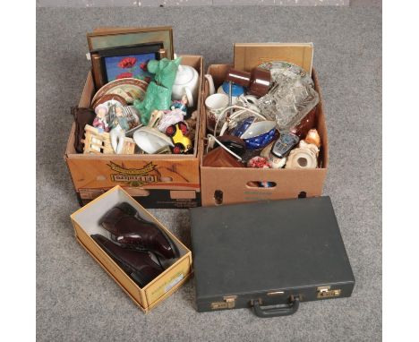 Two boxes of miscellaneous, to include Wedgwood, Spode, desk lamp, Barker shoes etc.  