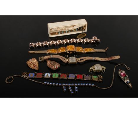 A collection of vintage costume jewellery etc including a ladies Art Deco watch, Russian amber effect bracelet watch, Florenz