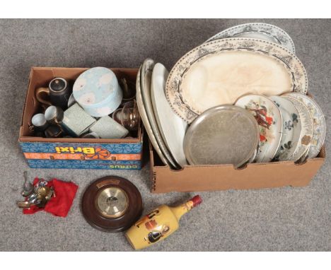 Two boxes of ceramics and collectables including quantity of caddy spoons, pottery meat plates and a barometer etc.  