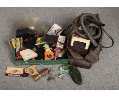 A box of miscellaneous collectables, to include penknives, medical infra red lamp, cymbals, Philips hoover etc.  