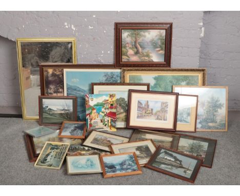 A large collection of pictures and a gilt frame mirror, to include limited edition John Rudkin Rotherham print.  
