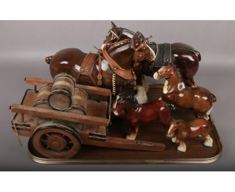 A tray of ceramic horses to include shire horse and cart example etc.  