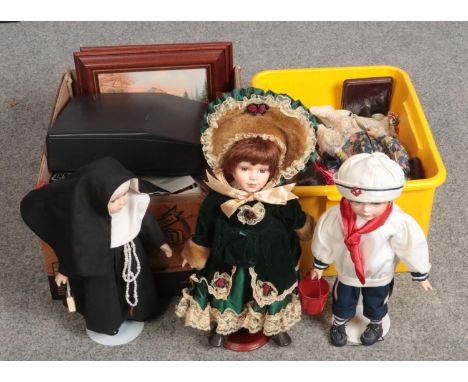 Two boxes of miscellaneous, porcelain dolls, Silver-reed typewriter, cased Butler Cutlery Sheffield examples  