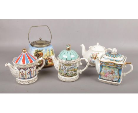 Three Sadler ceramic teapots, 'Band Stand' 'Shooting' 'A Midsummer Nights Dream', and one another example to include Flosmaro