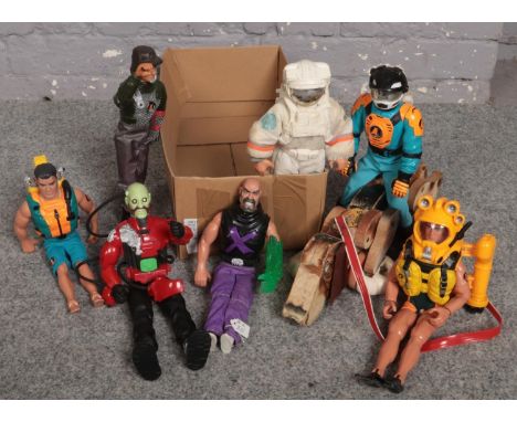 A box of mostly action man toys to include Doctor X, astronaut action man, pull along dog etc.  