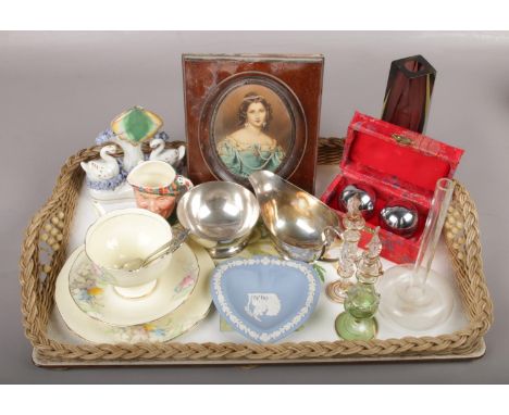 A tray lot to include glass scene bottles, miniature portrait, silverplate, art glass vase etc.  