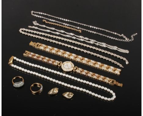 A small quantity of silver and dress jewellery. Including pearl necklace with silver gilt clasp, Rotary gilt metal bracelet w