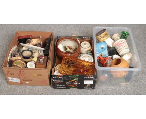 Three boxes of miscellaneous, Royal Doulton plate, ceramic vases bowls etc  