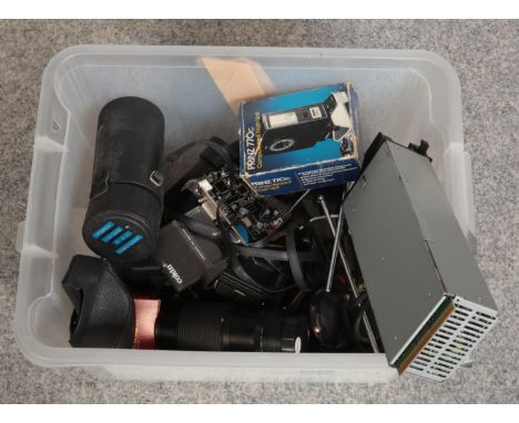 A box of camera's &amp; equipment, Canon AF35M, 255x Kodak Instamatic, Itorex Auto Zoom examples  