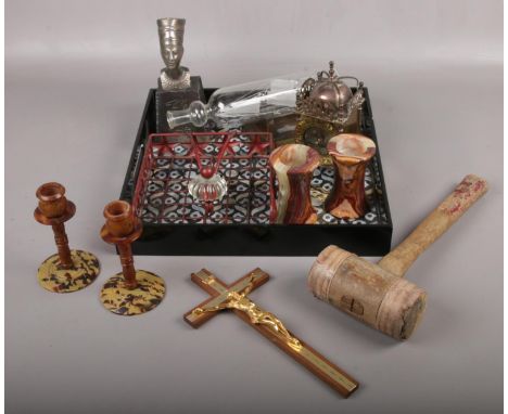 A tray of collectables, to include Egyptian bust, mallet, Smiths clock, tortoise shell effect candlesticks etc.  