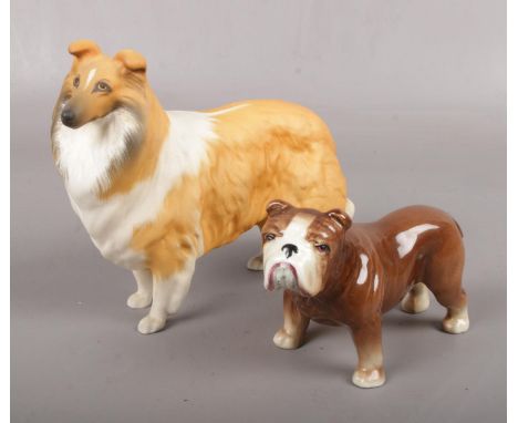 A bisque Beswick model of a rough collie, along with a Sylvac model of a Bulldog.  