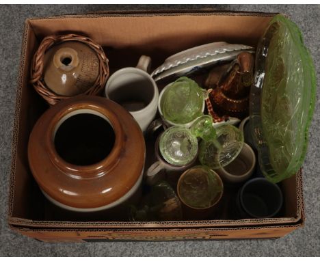A box of miscellaneous,  glass dressing table set, ceramic tankards, storage jar etc  