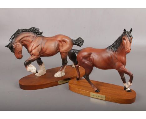 Two bisque porcelain figures of horses on wooden stands, Royal Doulton Spirit of Earth and Beswick Spirit of the Wind.  