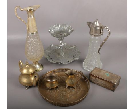 A group lot of metalwares to include silver plate ballet dancer centrepiece, silverplate tray, trinket box etc.  