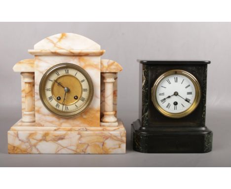 A Victorian alabaster cased 8 day mantel clock striking on a gong along with a slate mantel clock set with verde antico marbl