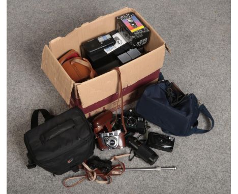 A box of mainly photographic equipment, to include Miranda camera, Sirius flashgun, macro lens etc.  