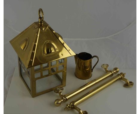 Box of Gilt Window Rails, also with an Arts &amp; Crafts style hall light, small lot of plated wares, etc