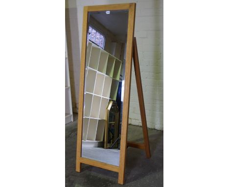 Modern Light Oak Cheval Mirror, raised on an easel support, 159cm high, 53cm deep