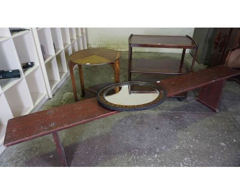 Mixed Lot of Furniture, to include a school style bench, trolley, wall mirror and occasional table, (4)