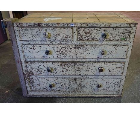 Victorian Painted Pine Tool Chest of Drawers, Lacking top section, having two small drawers above three long drawers, 95cm hi