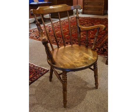Stained Wood Smokers Chair, circa late 19th / early 20th century, Having a spindle back rest, raised on bobbin type legs, lab