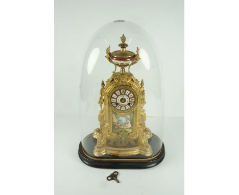 French Gilt Spelter Sevres Style Mantel Clock, circa 19th century, Decorated with griffin appliques to the top above a panel 