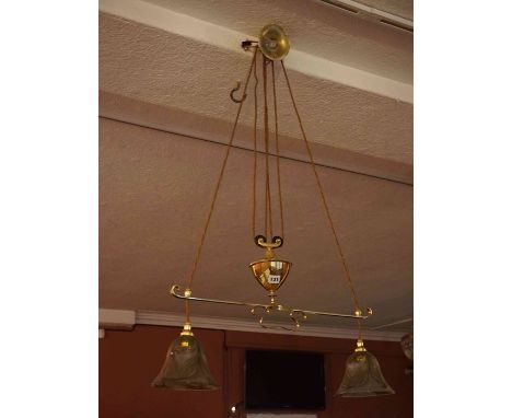 Brass Rise and Fall Ceiling Light, circa early 20th century, Having a pully mechanism, with two mottled glass shades, approxi