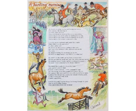 JEAN CRESWELL
"A Hunting Morning", watercolour surrounding applied poem, signed to lower right, titled, 44.6cm x 31.5cm, unfr