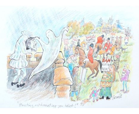 JEAN CRESWELL
"Hunting, not haunting you idiot!", watercolour and crayon, signed to lower left, titled in pencil, 21cm x 29.5