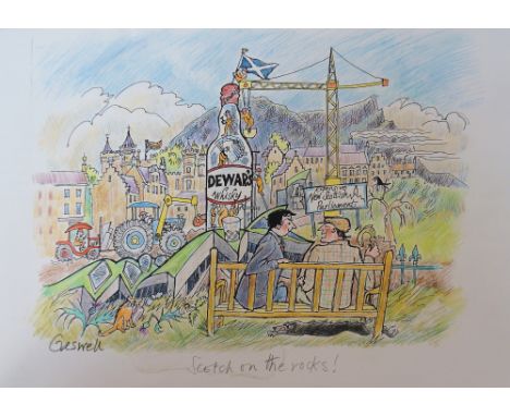 JEAN CRESWELL
"Scotch on the rocks!", hand coloured print, signed to lower left, titled in pencil, 29.5cm x 42cm, unframed
