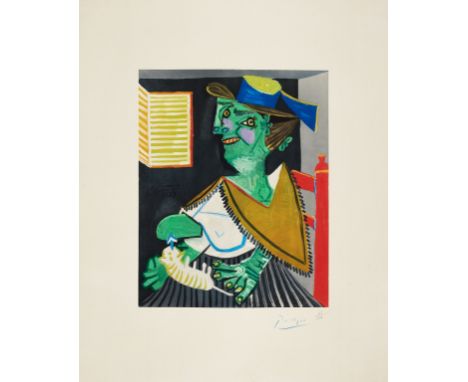 ** δ Pablo Picasso (1881-1973) after.Femme Vert Au ChatCollotype in colours, 1955-58, signed in blue crayon, numbered from th